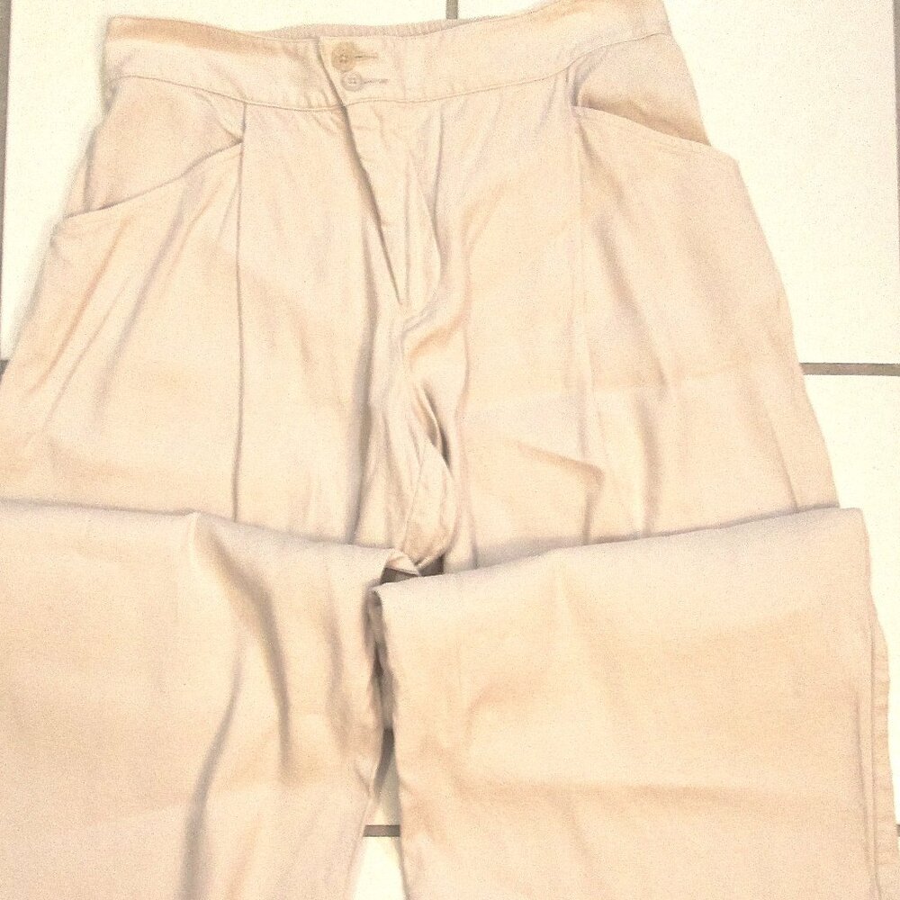 CAbi LINEN BLEND BEIGE TROUSERS SIZE 8 ASYMETRICAL ZIPPER WIDE LEG ELASTIC